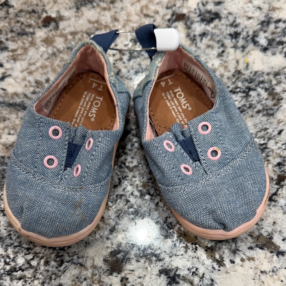 TOMS Kids Blue Slip-On Sneakers with Pink Details
